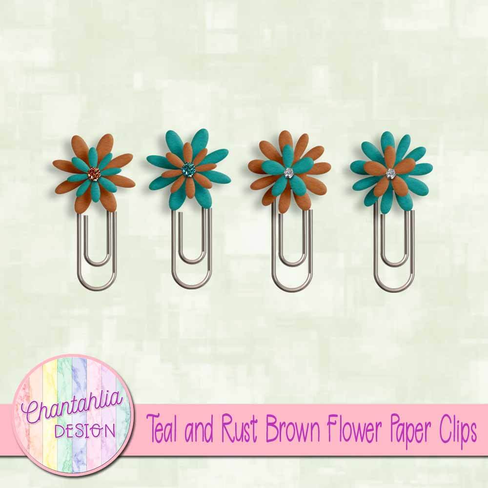 Free Teal and Rust Brown Flower Paper Clips for Digital Scrapbooking
