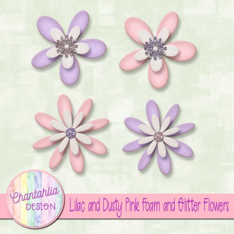 Free Lilac and Dusty Pink Foam and Glitter Flowers for Digital Scrapbooking