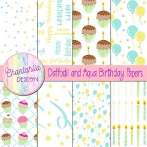 Free Daffodil and Aqua Digital Papers with Birthday Designs