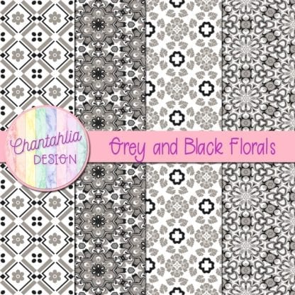 Free Grey and Black Digital Papers with Florals Designs