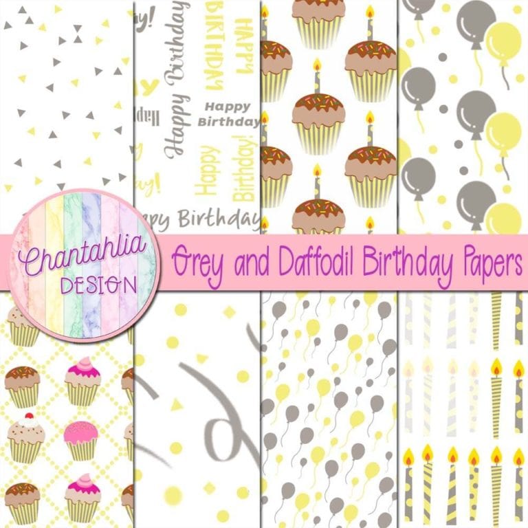 Free Grey and Daffodil Digital Papers with Birthday Designs