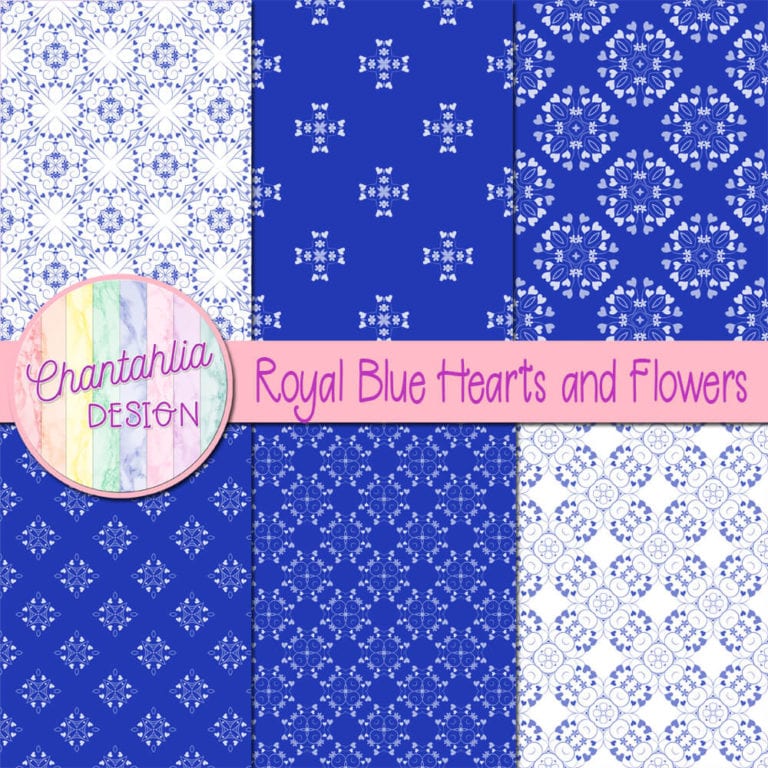 Free Digital Papers featuring Royal Blue Hearts and Flowers Designs