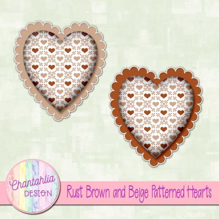 Free Rust Brown and Beige Patterned Hearts for Digital Scrapbooking