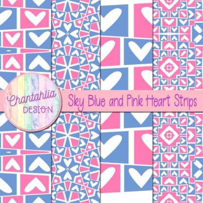 Sky Blue and Pink Heart Strips Digital Papers