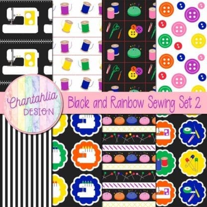 Black and Rainbow Sewing Digital Papers Set 2