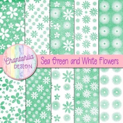 Sea Green and White Flowers Digital Papers