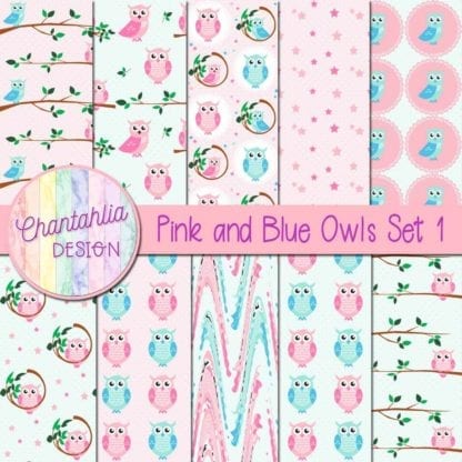 Pink and Blue Owls Set Digital Papers 1