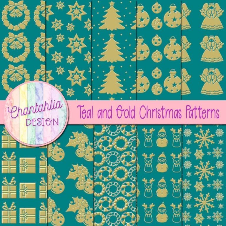 Free Digital Papers featuring Teal and Gold Christmas Patterns