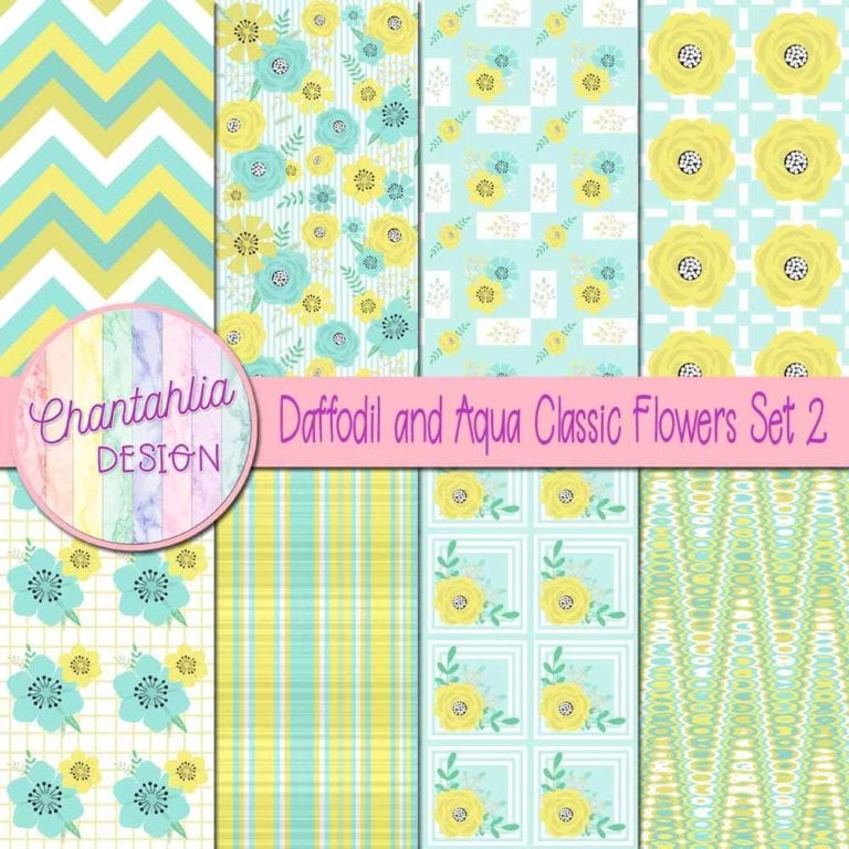 Free Daffodil and Aqua Classic Flowers Digital Papers