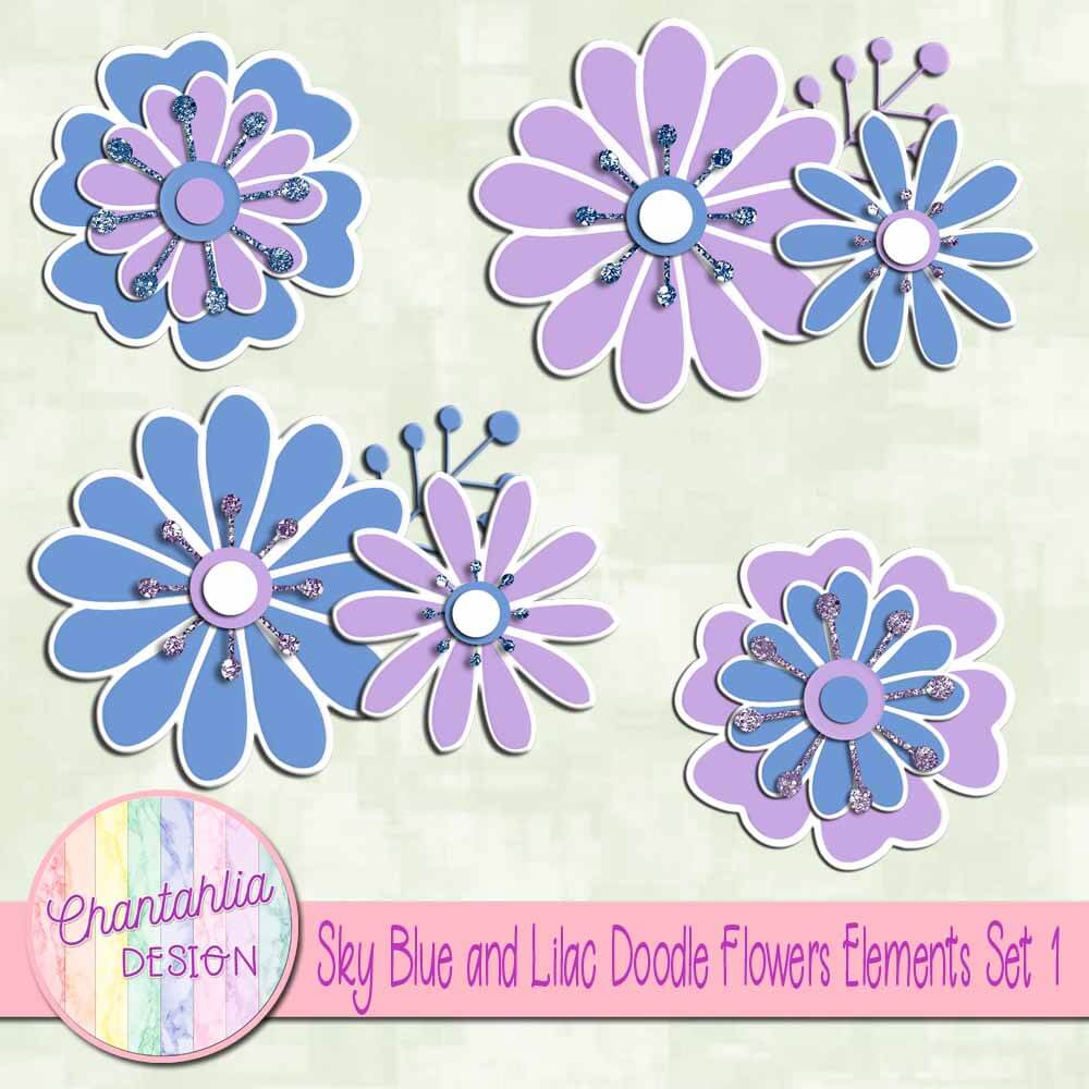 Free Sky Blue and Lilac Doodle Flowers Design Elements
