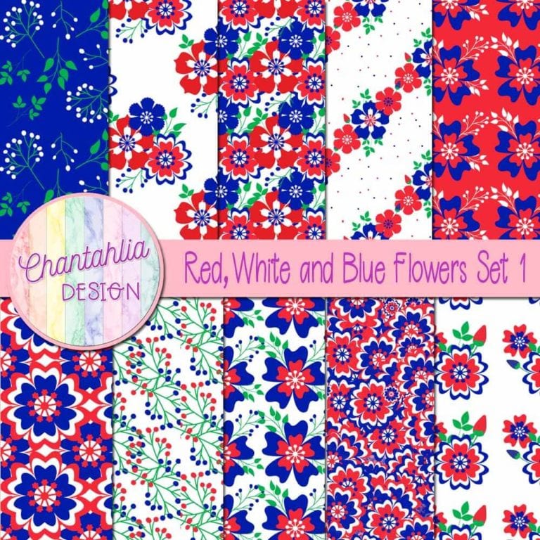 Free Red, White and Blue Flowers Digital Papers for Digital Scrapbooking