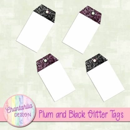 plum and black glitter tags