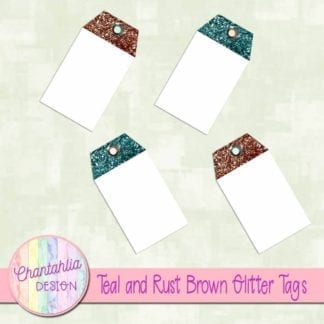 teal and rust brown glitter tags