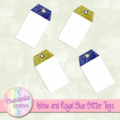 yellow and royal blue glitter tags