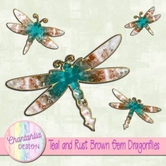 teal and rust brown gem dragonflies