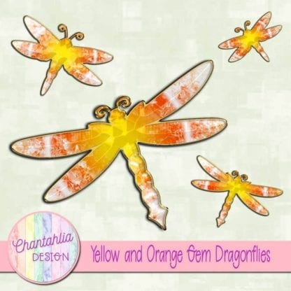 yellow and orange gem dragonflies