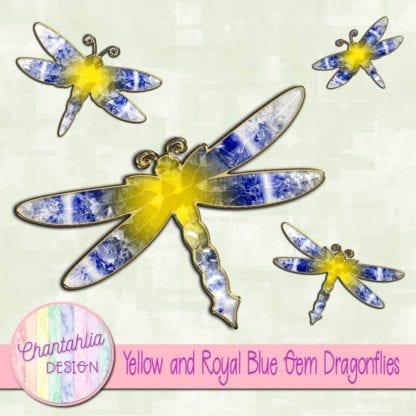 yellow and royal blue gem dragonflies