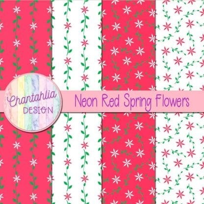 Free digital paper with neon red spring flower designs