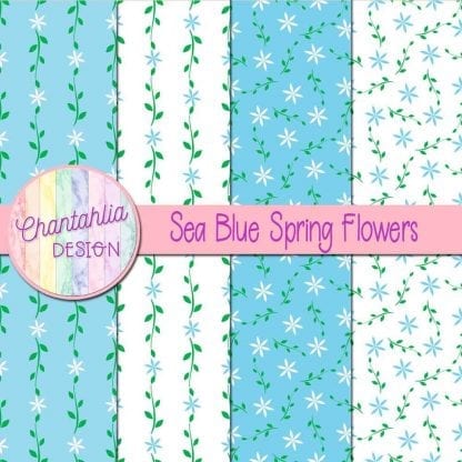 Free digital paper with sea blue spring flower designs