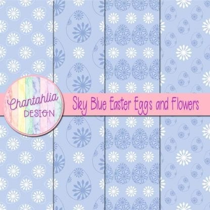 Free sky blue digital papers featuring flowers in Easter eggs