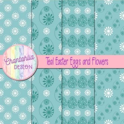 Free teal digital papers featuring flowers in Easter eggs
