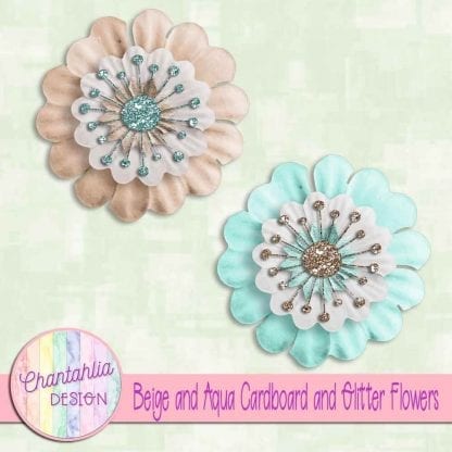 free beige and aqua cardboard and glitter flowers