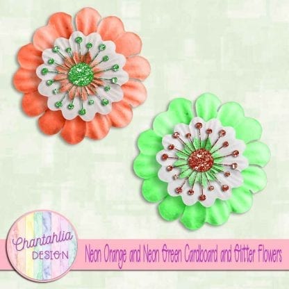 free neon orange and neon green cardboard and glitter flowers