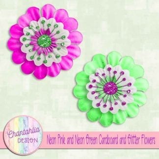free neon pink and neon green cardboard and glitter flowers