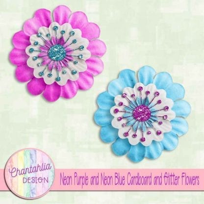free neon purple and neon blue cardboard and glitter flowers