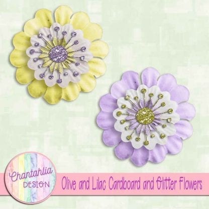 free olive and lilac cardboard and glitter flowers