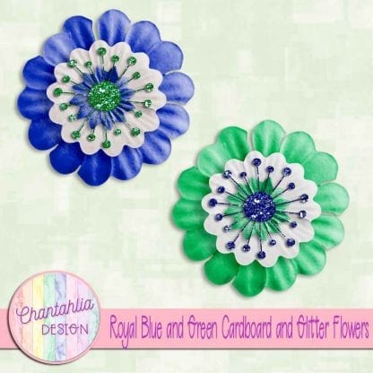 free royal blue and green cardboard and glitter flowers