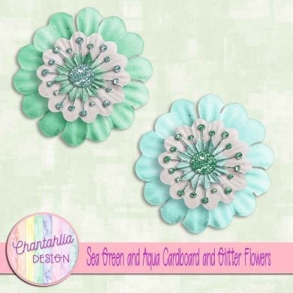 free sea green and aqua cardboard and glitter flowers