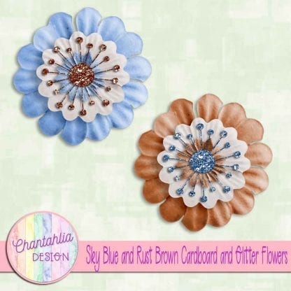 free sky blue and rust brown cardboard and glitter flowers