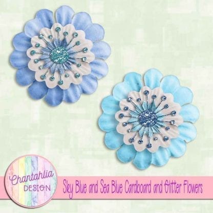 free sky blue and sea blue cardboard and glitter flowers