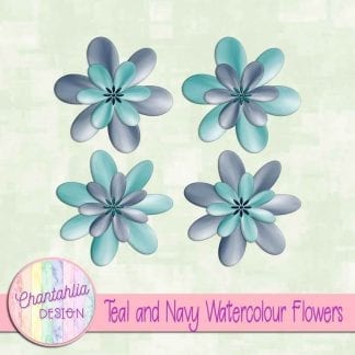 free teal and navy watercolour flowers