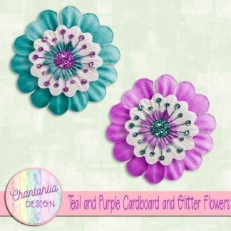 free teal and purple cardboard and glitter flowers
