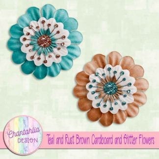 free teal and rust brown cardboard and glitter flowers