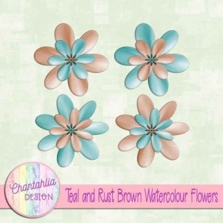 free teal and rust brown watercolour flowers