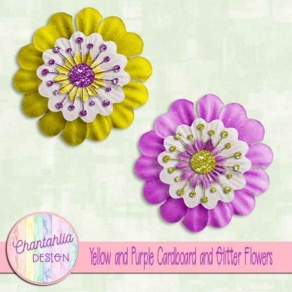 Free yellow and purple cardboard and glitter flowers