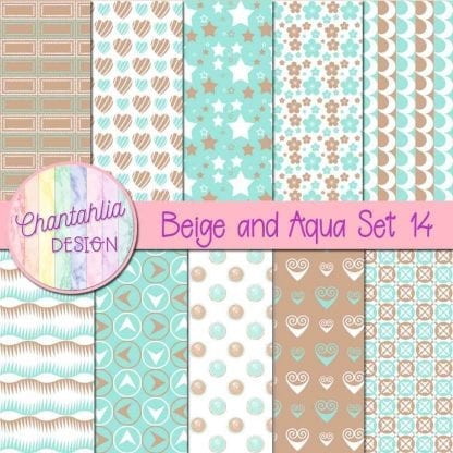 Free beige and aqua patterned digital papers set 14