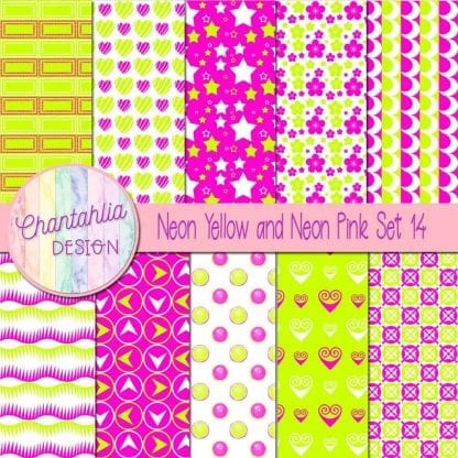 Free neon yellow and neon pink patterned digital papers set 14