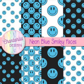 Free digital papers featuring neon blue smiley faces.