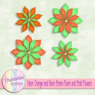 free neon orange and neon green foam and gold flowers