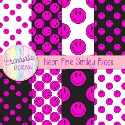 Free digital papers featuring neon pink smiley faces.