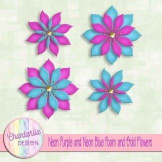 free neon purple and neon blue foam and gold flowers