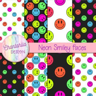 Free digital papers featuring neon smiley faces.