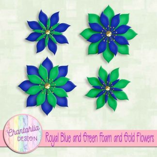 free royal blue and green foam and gold flowers