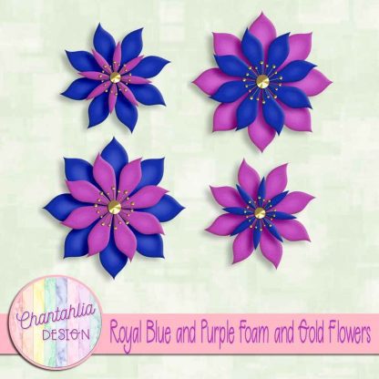 free royal blue and purple foam and gold flowers