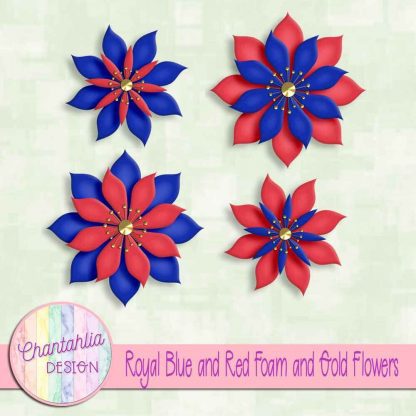free royal blue and red foam and gold flowers