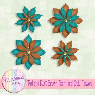 free teal and rust brown foam and gold flowers